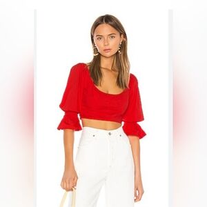 Camila Coelho Red Ruffled Crop Blouse with Puff Sleeves